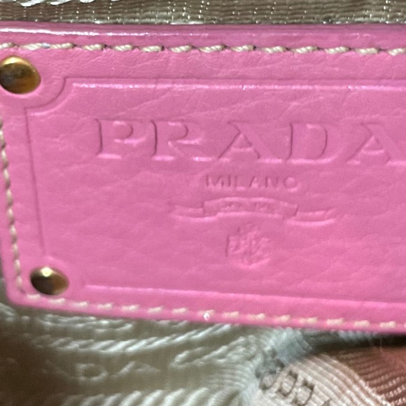 Prada, beige canvas Monogram tote with pink leather bow and trim.  173-H4g - Picture 9 of 15
